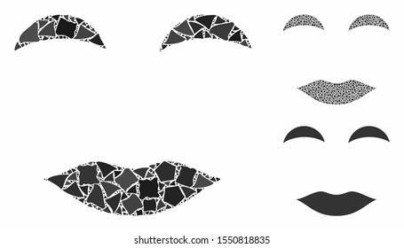 Lady smile composition of inequal items in different sizes and color hues, based on lady smile icon. Vector inequal pieces are united into collage. Lady smile icons collage with dotted pattern.