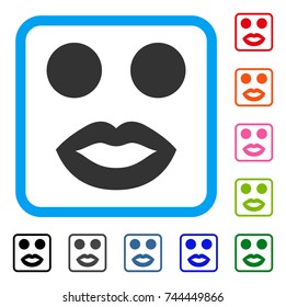 Lady Smile icon. Flat grey iconic symbol inside a blue rounded squared frame. Black, gray, green, blue, red, orange color versions of Lady Smile vector. Designed for web and software interfaces.
