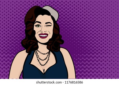 The lady is smiling, pop art. Vector