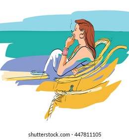 Lady smokes on the seafront