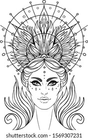 Lady of Sorrow. Devotion to the Immaculate Heart of Blessed Virgin Mary, Queen of Heaven. Vector illustration over halo or ornate mandala isolated. Hand-drawn, religion, spirituality, occultism