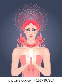 Lady of Sorrow. Devotion to the Immaculate Heart of Blessed Virgin Mary, Queen of Heaven. Vector illustration over halo or ornate mandala isolated. Hand-drawn, religion, spirituality, occultism