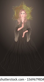 Lady of Sorrow. Devotion to the Immaculate Heart of Blessed Virgin Mary, Queen of Heaven. Vector illustration over halo or ornate mandala isolated. Hand-drawn, religion, spirituality, occultism