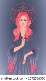 Lady of Sorrow. Devotion to the Immaculate Heart of Blessed Virgin Mary, Queen of Heaven. Vector illustration over halo or ornate mandala isolated. Hand-drawn, religion, spirituality, occultism