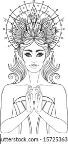 Lady of Sorrow. Devotion to the Immaculate Heart of Blessed Virgin Mary, Queen of Heaven. Vector illustration over halo or ornate mandala isolated. Hand-drawn, religion, spirituality, occultism