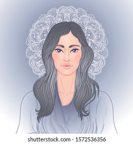 Lady of Sorrow. Devotion to the Immaculate Heart of Blessed Virgin Mary, Queen of Heaven. Vector illustration over halo or ornate mandala isolated. Hand-drawn, religion, spirituality, occultism