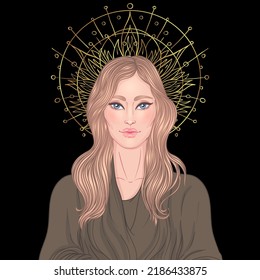 Lady of Sorrow. Devotion to the Immaculate Heart of Blessed Virgin Mary, Queen of Heaven. Vector illustration over halo or ornate mandala isolated. Hand-drawn alchemy, religion, spirituality, occult