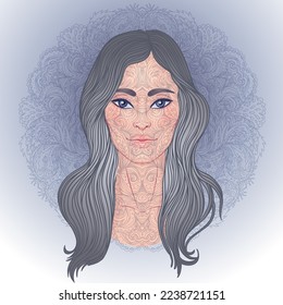 Lady of Sorrow. Hingabe an das Unbefleckte Herz der gesegneten Jungfrau Maria, Königin des Himmels. Vektorgrafik auf halo oder ornate mandala einzeln. Handgezeichnet, Religion, Spiritualität, Okkultismus