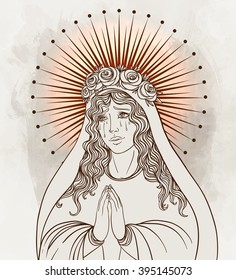 Lady of Sorrow. Devotion to the Immaculate Heart of Blessed Virgin Mary, Queen of Heaven. Vector illustration.