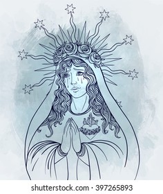 Lady of Sorrow. Devotion to the Immaculate Heart of Blessed Virgin Mary, Queen of Heaven. Vector illustration over vintage background. Religious symbol. Tattoo concept.