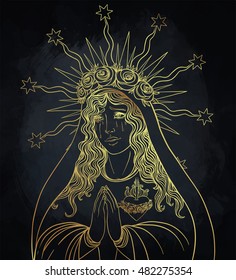 Lady of Sorrow. Devotion to the Immaculate Heart of Blessed Virgin Mary, Queen of Heaven. Vector illustration isolated. Gold over black.