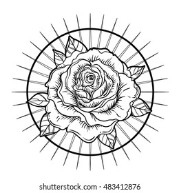 Lady of Sorrow. Devotion to the Immaculate Heart of Blessed Virgin Mary, Queen of Heaven. Vector illustration isolated on white. Coloring book for adults. Tattoo design, mystic symbol. 