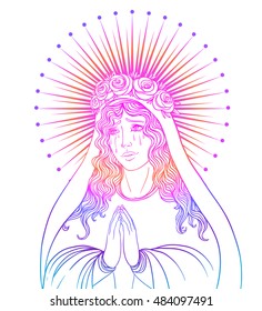 Lady of Sorrow. Devotion to the Immaculate Heart of Blessed Virgin Mary, Queen of Heaven. Vector illustration isolated on white. Coloring book for adults.