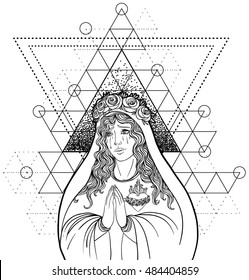 Lady of Sorrow. Devotion to the Immaculate Heart of Blessed Virgin Mary, Queen of Heaven. Vector illustration isolated on white. Coloring book for adults. Sacred geometry. Tattoo design, mystic symbol