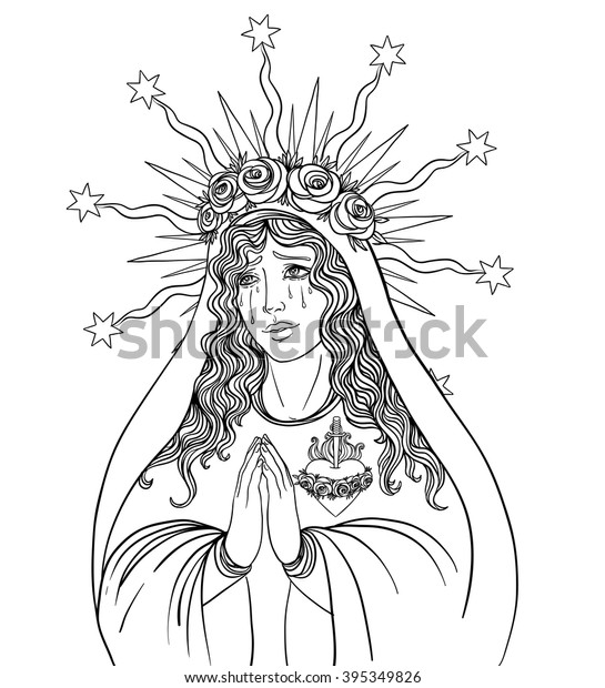 悲しみの女神 天の女王聖母マリアの無垢な心への献身 白い背景にベクターイラスト 大人向けの塗り絵 のベクター画像素材 ロイヤリティフリー