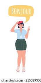 Lady speaking french language semi flat color vector character with speech bubble. Standing figure. Full body person on white. Simple cartoon style illustration for web graphic design and animation