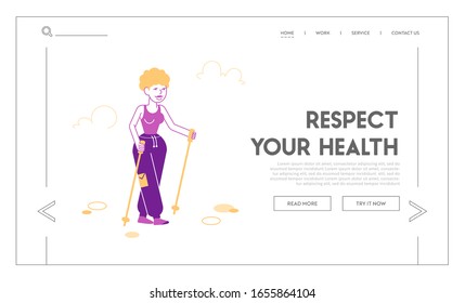 Lady Sports Activity Trekking Routing Website Landing Page. Woman Healthy Lifestyle, Outdoors Sport, with Scandinavian Nordic Walking Sticks Web Page Banner. Cartoon Flat Vector Illustration, Line Art