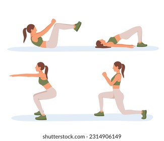 Lady in sportswear practicing fitness alone. Basic exercises for daily physical education. Set of exercises for different muscles, weight loss. Caring for your body