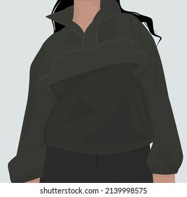 Señora con un deportivo suéter verde oscuro y pantalones oscuros. Imagen plana vectorial de una chica con traje de tracksuit caliente. Diseño para postales, carteles, fondos, avatares, plantillas, textiles.