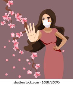 Lady - Spring is the 2020 trend concept. Beautiful woman with medical mask face avatar. Sakura blossom Beautiful girl protected during the coronavirus pandemic. Flag of China. Vector illustration