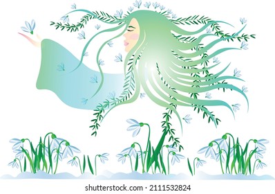 Lady Spring came Snowdrops blooming National Women's Day
Vector illustration of the Goddess of Spring. Snowdrops have blossomed, spring has come. Maiden of Spring awakens nature