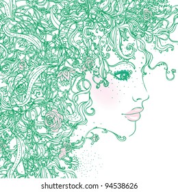 Lady Spring: Ornate green silhouette of woman with flowers