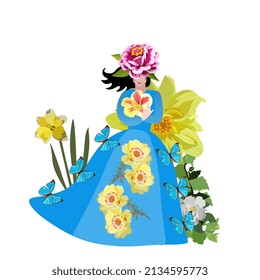 
Lady Spring. Young girl in blue dress, hat in shape of zinnia flower holds huge nasturtium in her hands, large tropical butterflies adorn her dress. Postcard, invitation, design elements in vector.
