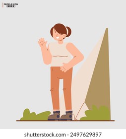 A lady stand around camp outline icons related to analysis, infographic, analytics. Editable stroke. Vector illustration. 