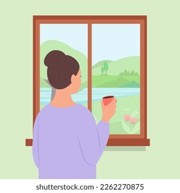 Dame am Fenster, Rückblick.Eine Frau mit einer Tasse Tee oder Kaffee genießt die Frühlingslandschaft.  Sprudelwetter.Vektorgrafik