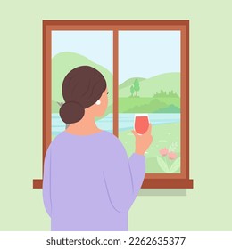 Lady standing by the window, back view.A woman with a wineglass enjoys the spring landscape.  Sping weather.Vector illustration