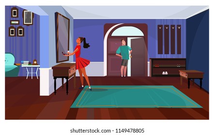 Lady standing in front of mirror in corridor vector illustration. Man waiting for girlfriend at open door. Couple concept