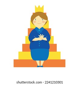 a lady standing in front of a pile of boxes that supports a crown