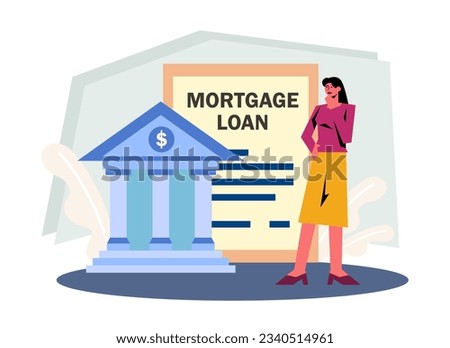 Lady standing near bank and thinks about mortgage loan. Lending and loan finance in bank. Online bank service concept. Flat vector illustration in blue colors in cartoon style