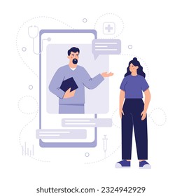 Lady standing near big mobile screen and chatting with male doctor. Time for making treatment of patients online. Remote medical consultation via Internet. Vector flat illustration in blue colors