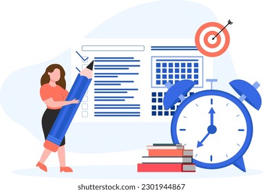 Lady standing near calendar, holding big pencil. Concept of time management illustration, planning, successful completion of tasks. Study and education, Vector illustration in flat design