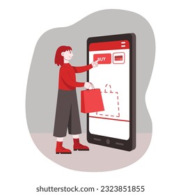 Lady standing near mobile phone and paying for goods with credit card. Online shopping and e-commerce concept. Using mobile app for shopping online. Flat vector illustration