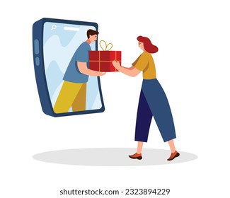 Lady standing near mobile phone, getting parcel from online courier. Shopping online concept. E-commerce and business illustration set in flat style. Costumers made purchase. Vector flat illustration