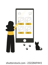 Lady standing near mobile screen, looking for option and ordering food for pet online, cat near helping her. Veterinary shop concept. Vector illustration in black and yellow colors