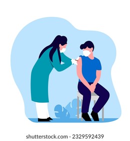 Lady standing near patient and makes antiviral injection. Time to get vaccinated against diseases. Protection from pandemic outbreak. Immunization schedule for people. Vector flat
