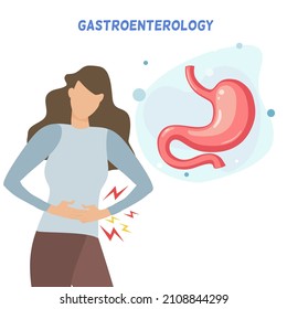A lady standing on blue blouse brown pants touching at stomach hurts and pain with elements of lightning bolt, next to a human stomach on green pastel background, with quote gastroenterology 