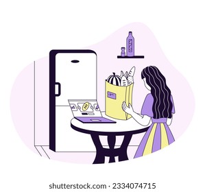 Lady standing on kitchen, holding bag with food and buying food on laptop. Young people doing online shopping concept. Modern shopping via gadgets. Flat vector illustration in blue and red colors