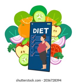 A lady standing on phone screen with food control concept on there are vegetable and fruits