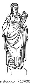 A lady standing on the raised platform. Known as Abundantia in ancient Roman religion and is considered to be goddess of abundance, vintage line drawing or engraving illustration.