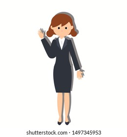 Lady standing and showing her hand on white background. Business concept. Flat vector illustration for web site.