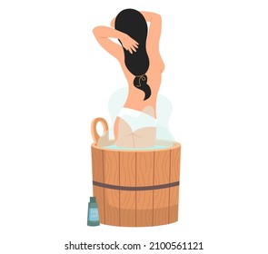 Lady standing in wooden tub with hot water. Home bathhose, wellness spa procedures in wooden water barrel. Cleansing skin and hair concept. Female character is relaxing in home sauna with steam
