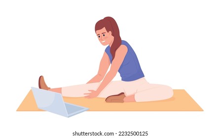 Lady stretching legs with video lesson semi flat color vector character. Editable figure. Full body person on white. Exercising simple cartoon style illustration for web graphic design and animation