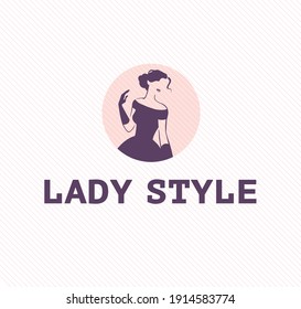 Lady style emblem design template isolated on light background. Stylish lady in evening dress and gloves icon concept. For logo, branding, advertisement, shop insignia. Vector flat illustration.