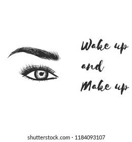 Lady stylish eye and brows with full lashes. Illustration with woman's eye wink, eyebrows and eyelashes. Makeup Look. Tattoo design. Logo for brow bar or lash salon