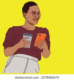 A lady with stylish low-cut hair, holding a coffee cup in one hand and a cell phone in the other, smiling warmly, exuding confidence and positivity in a relaxed setting.