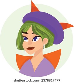 Lady stylish vector illustration young female characters faces, party idea woman with colorful hair, pretty portraits for social networks or user profiles showing model costume halloween